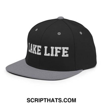Lake Life Embroidered Flat Bill Brim Snapback Hat Black Silver
