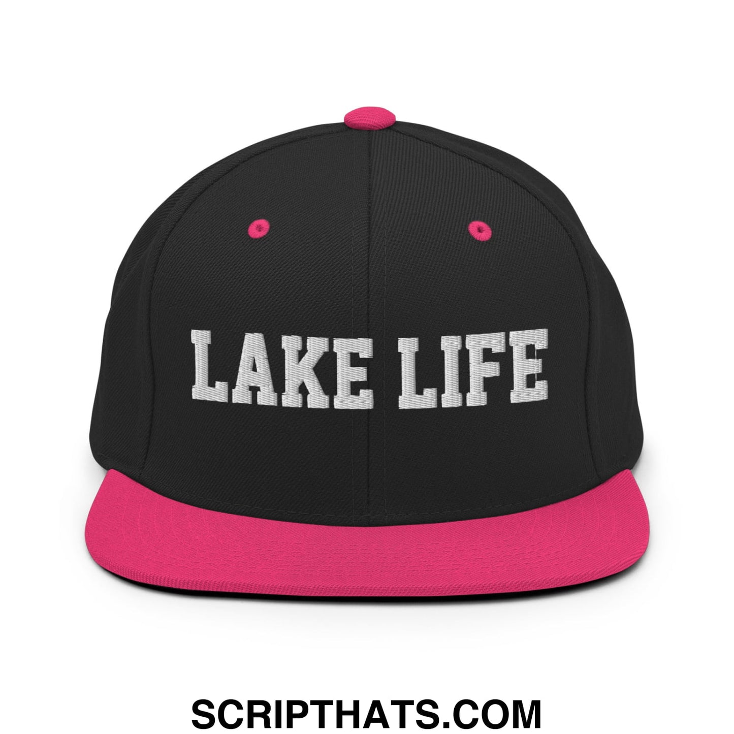 Lake Life Embroidered Flat Bill Brim Snapback Hat Black Neon Pink