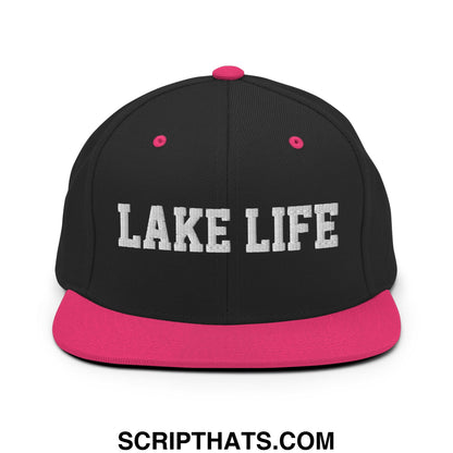 Lake Life Embroidered Flat Bill Brim Snapback Hat Black Neon Pink