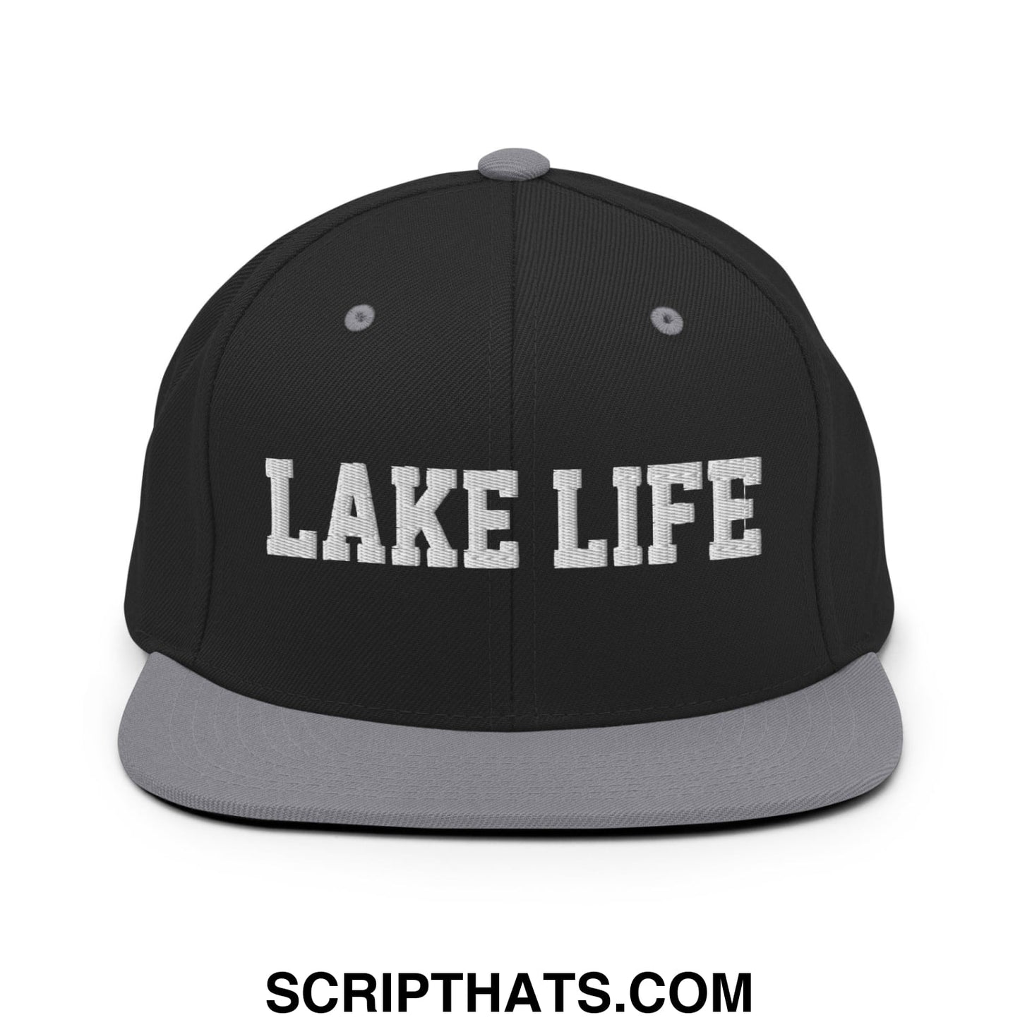 Lake Life Embroidered Flat Bill Brim Snapback Hat Black Silver
