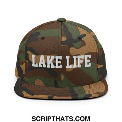 Lake Life Embroidered Flat Bill Brim Snapback Hat Green Camo