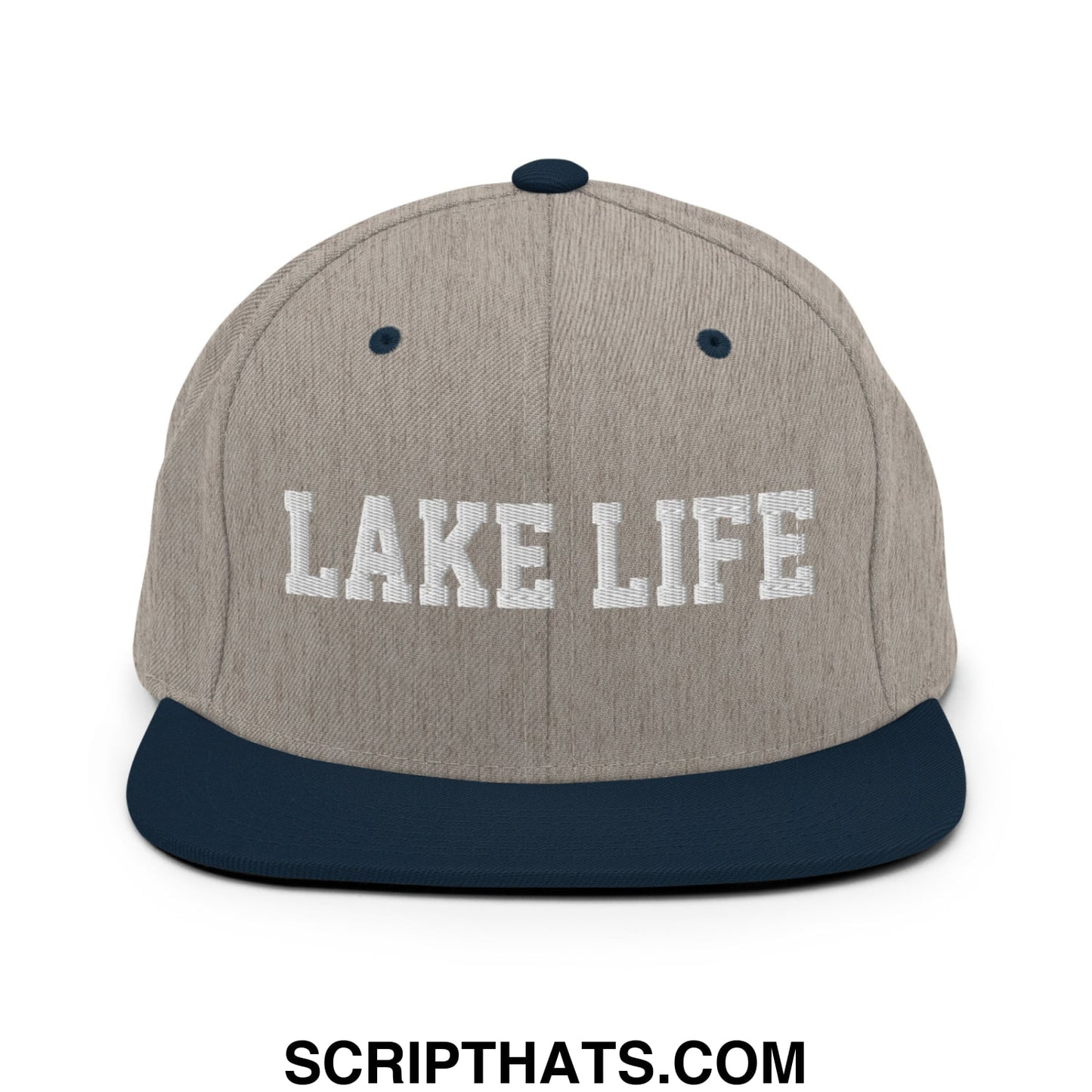 Lake Life Embroidered Flat Bill Brim Snapback Hat Heather Grey Navy