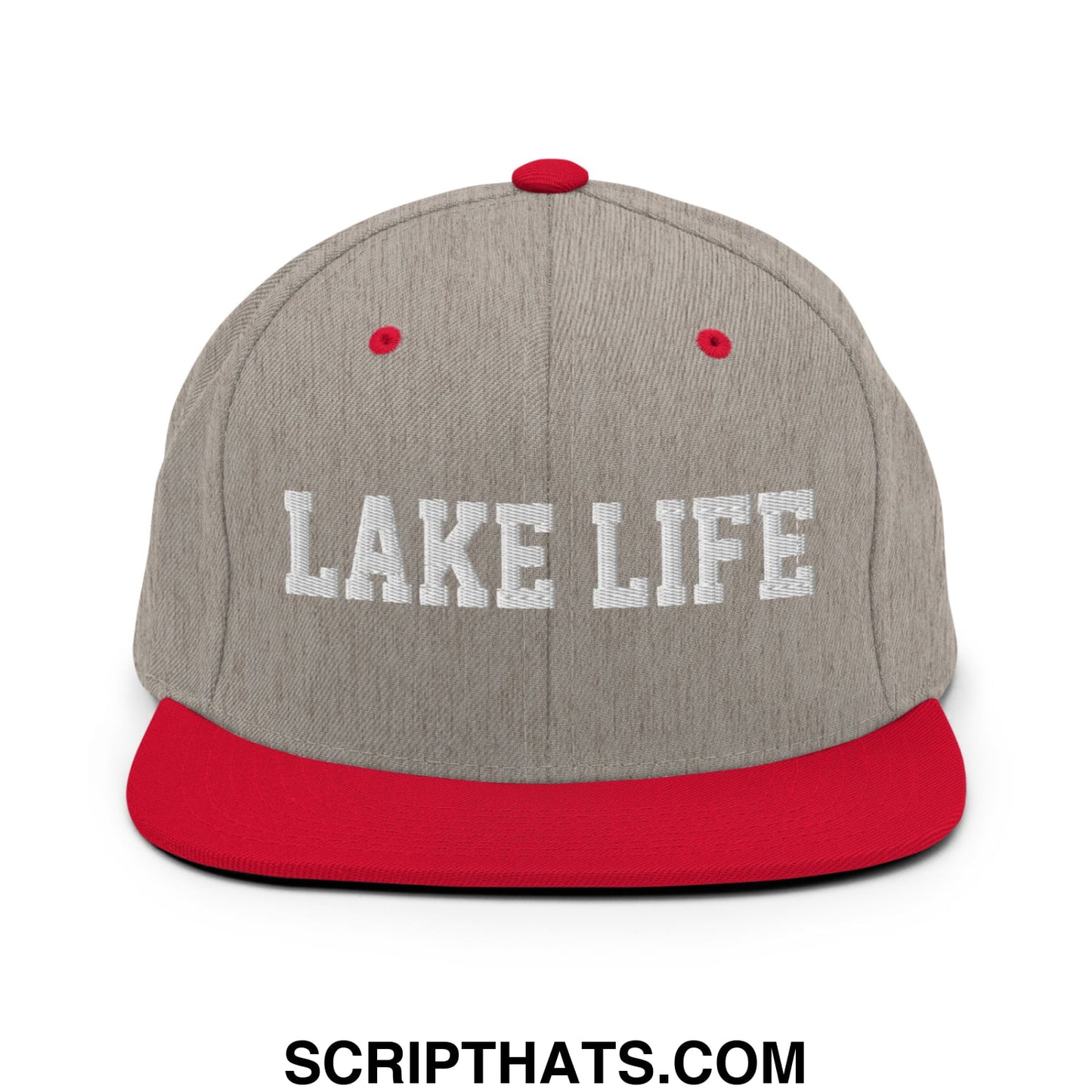 Lake Life Embroidered Flat Bill Brim Snapback Hat Heather Grey Red