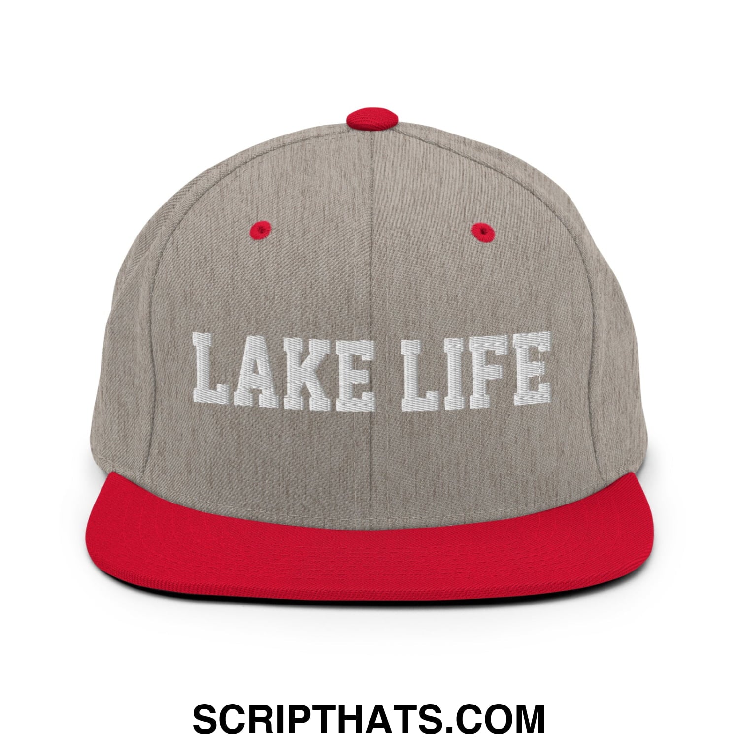 Lake Life Embroidered Flat Bill Brim Snapback Hat Heather Grey Red