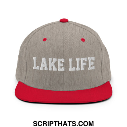 Lake Life Embroidered Flat Bill Brim Snapback Hat Heather Grey Red