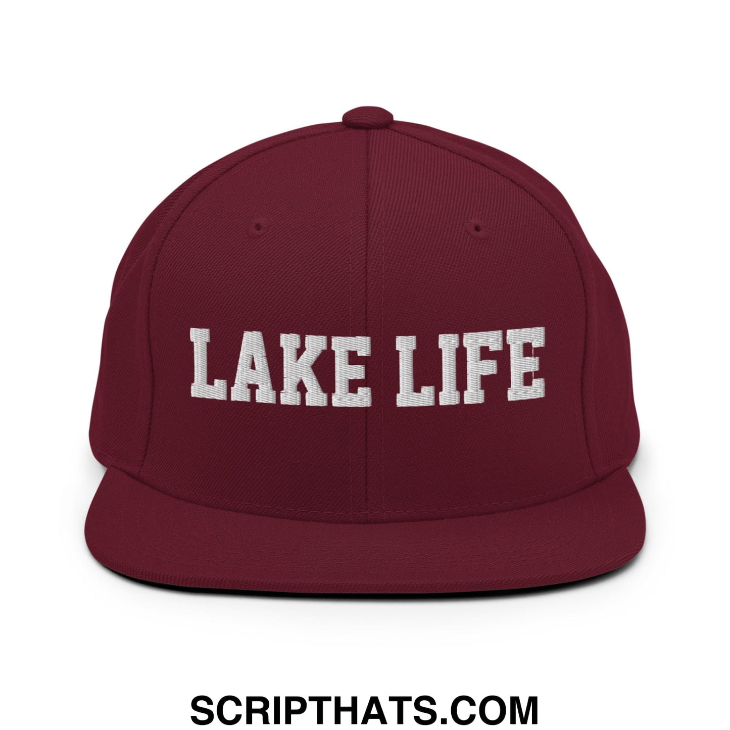 Lake Life Embroidered Flat Bill Brim Snapback Hat Maroon
