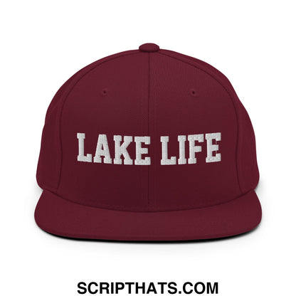 Lake Life Embroidered Flat Bill Brim Snapback Hat Maroon