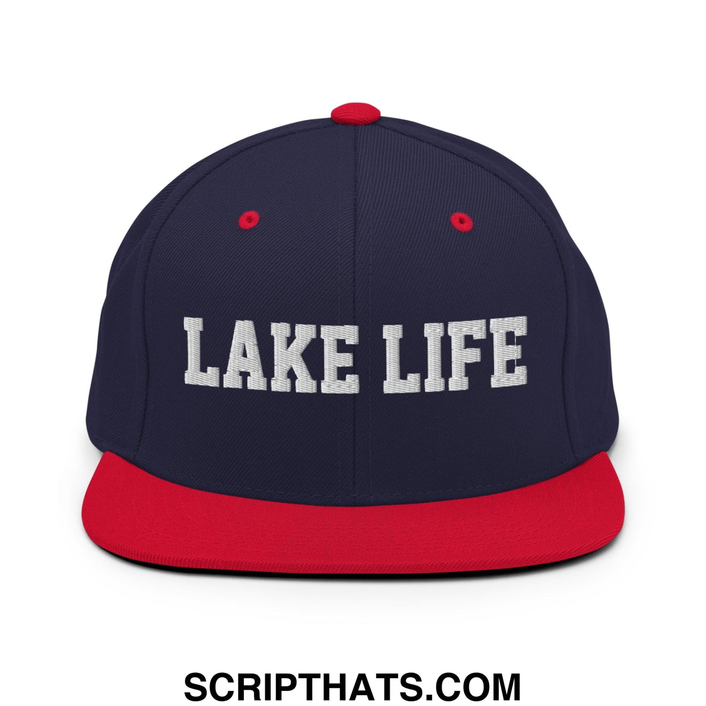 Lake Life Embroidered Flat Bill Brim Snapback Hat Navy Red