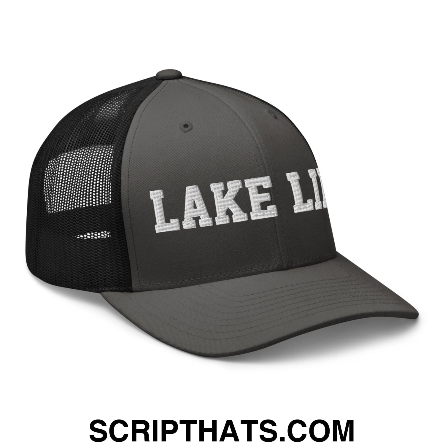 Lake Life Embroidered Mesh Trucker Hat Charcoal Black