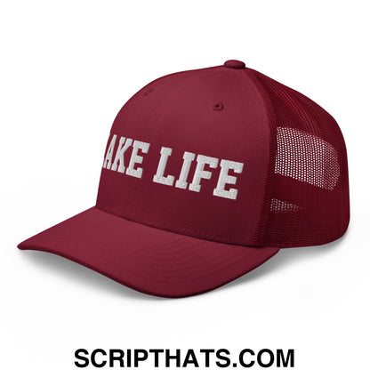 Lake Life Embroidered Mesh Trucker Hat Cranberry