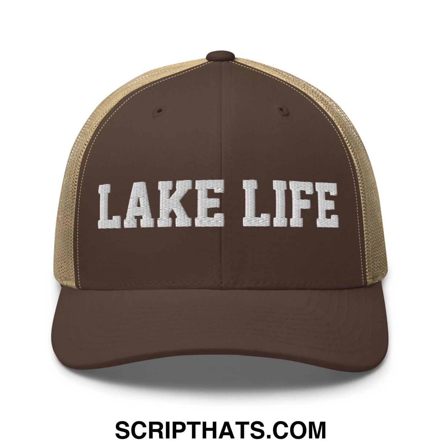 Lake Life Embroidered Mesh Trucker Hat Brown Khaki