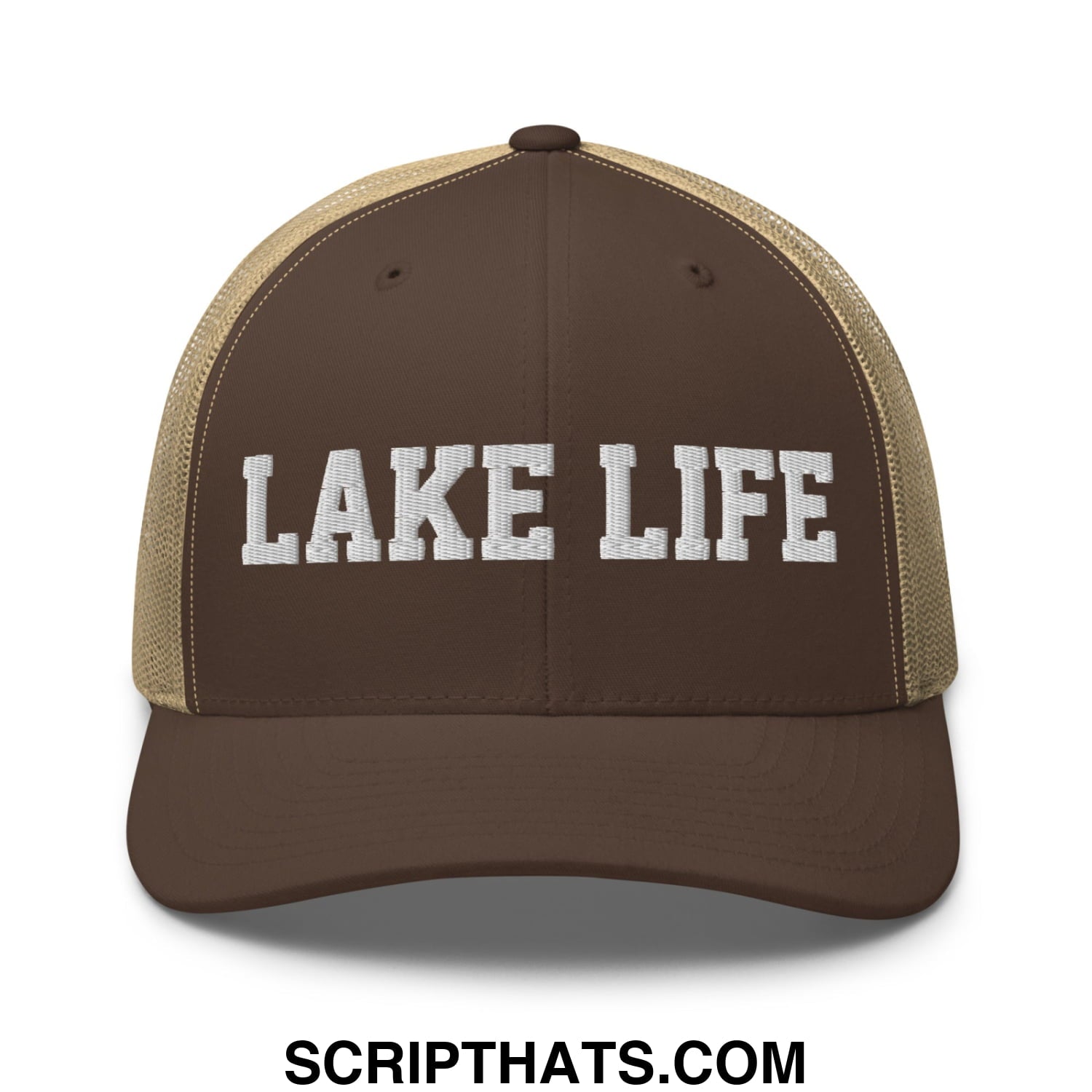 Lake Life Embroidered Mesh Trucker Hat Brown Khaki