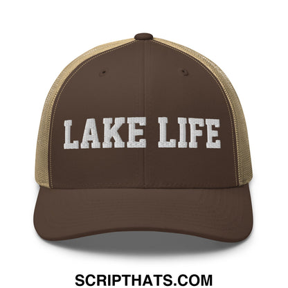 Lake Life Embroidered Mesh Trucker Hat Brown Khaki