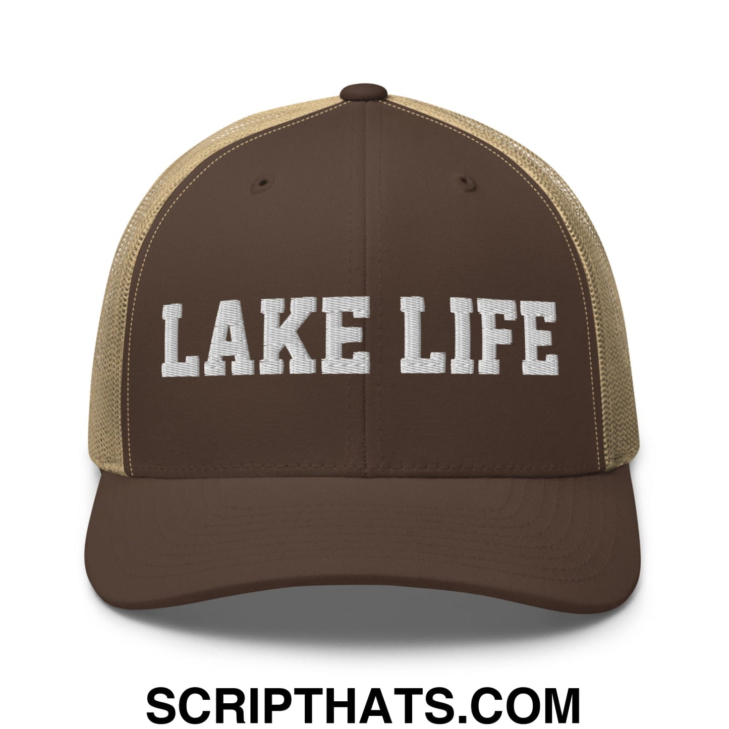 Lake Life Embroidered Mesh Trucker Hat Brown Khaki