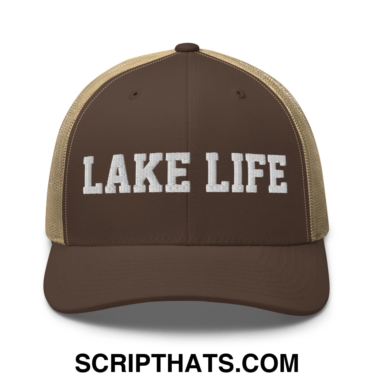 Lake Life Embroidered Mesh Trucker Hat Brown Khaki