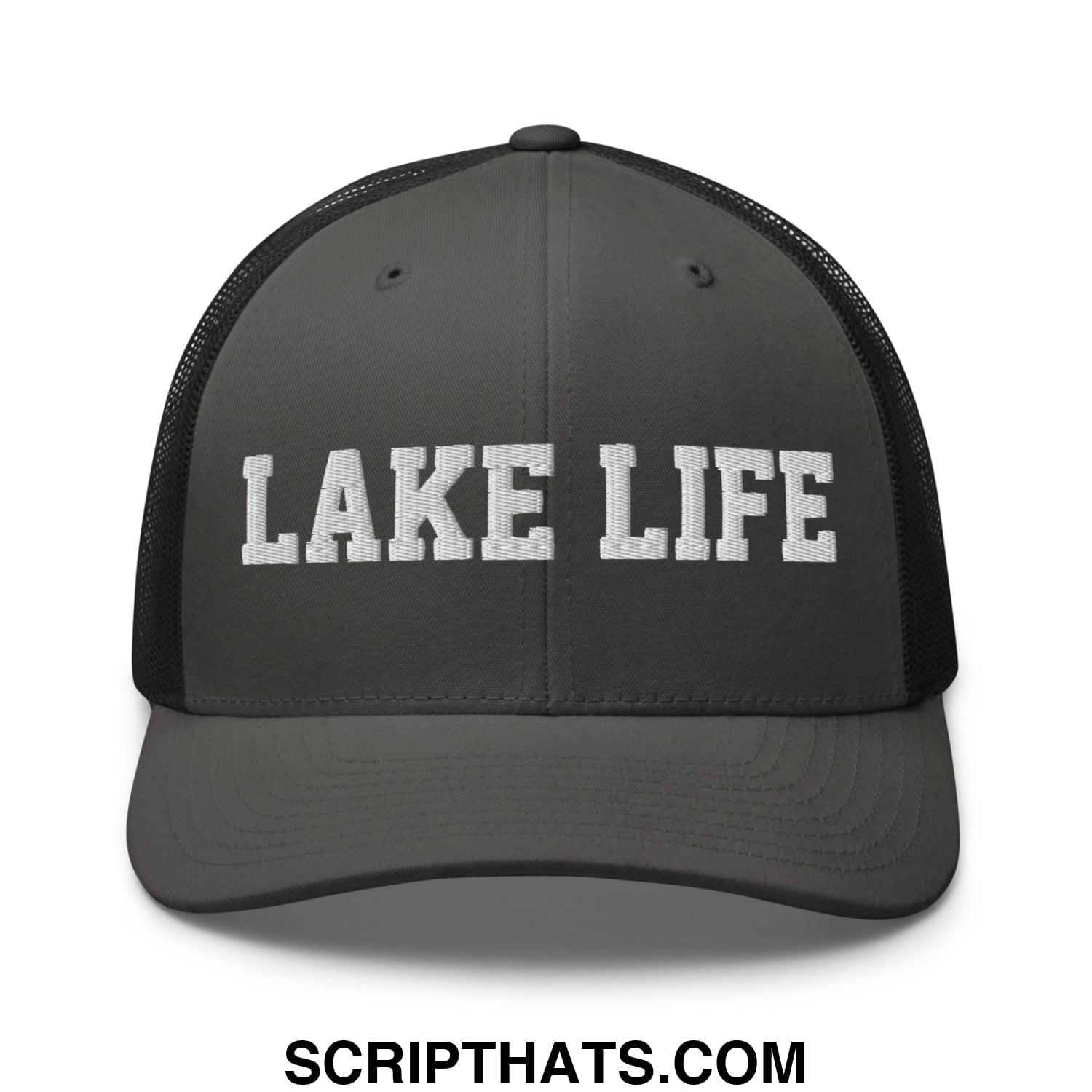 Lake Life Embroidered Mesh Trucker Hat Charcoal Black