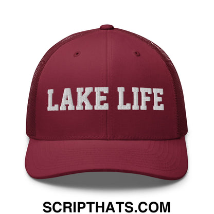 Lake Life Embroidered Mesh Trucker Hat Cranberry