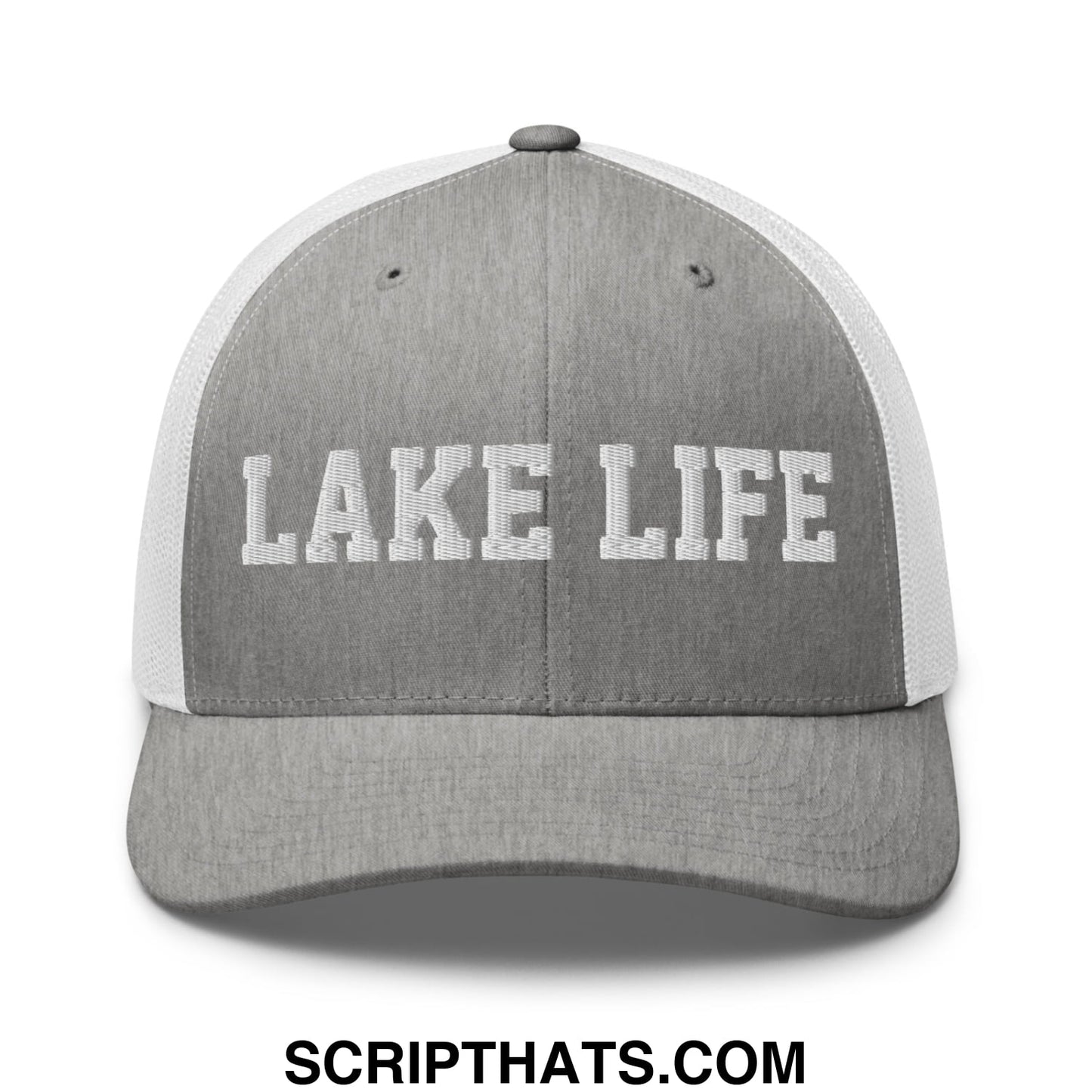 Lake Life Embroidered Mesh Trucker Hat Heather Grey White