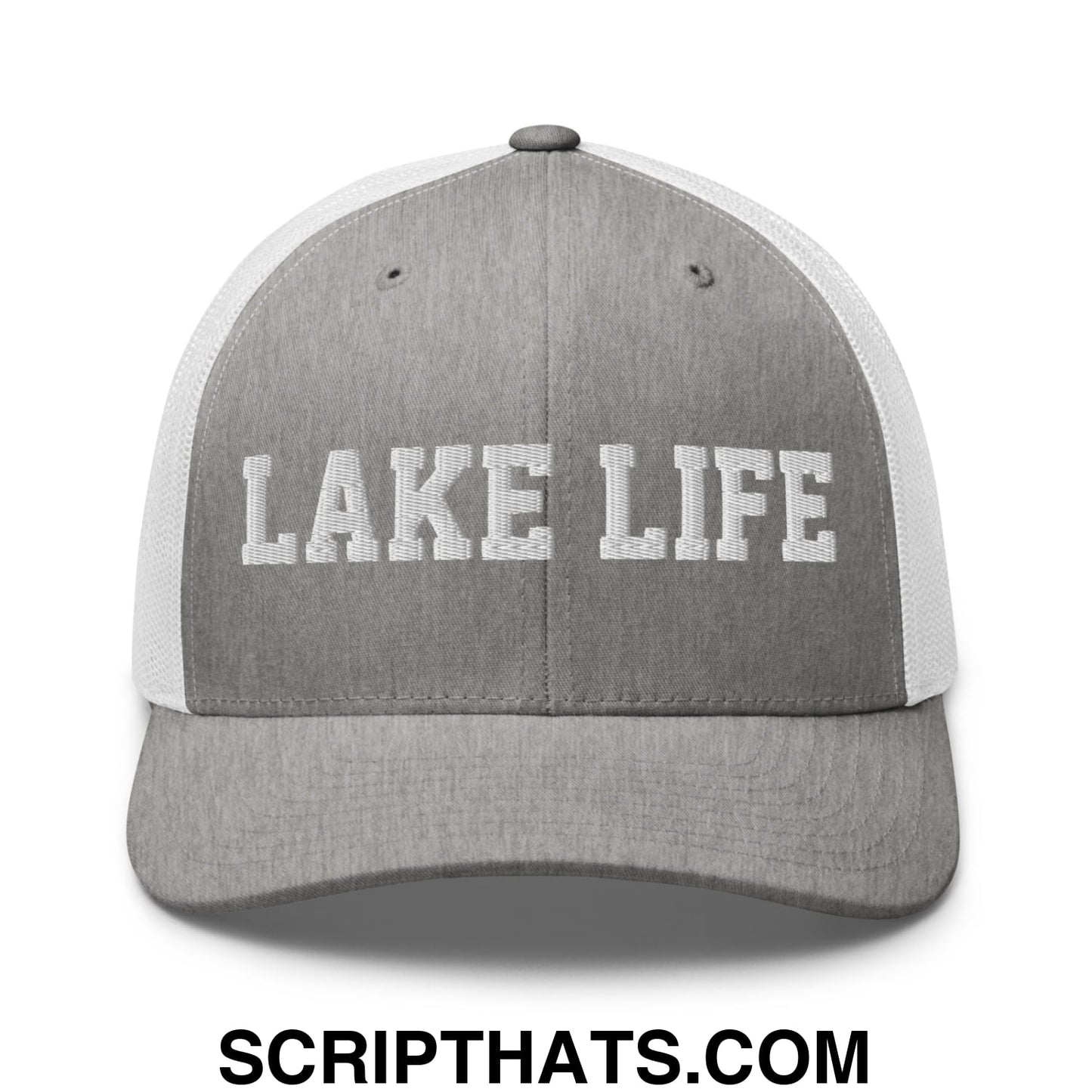 Lake Life Embroidered Mesh Trucker Hat Heather Grey White