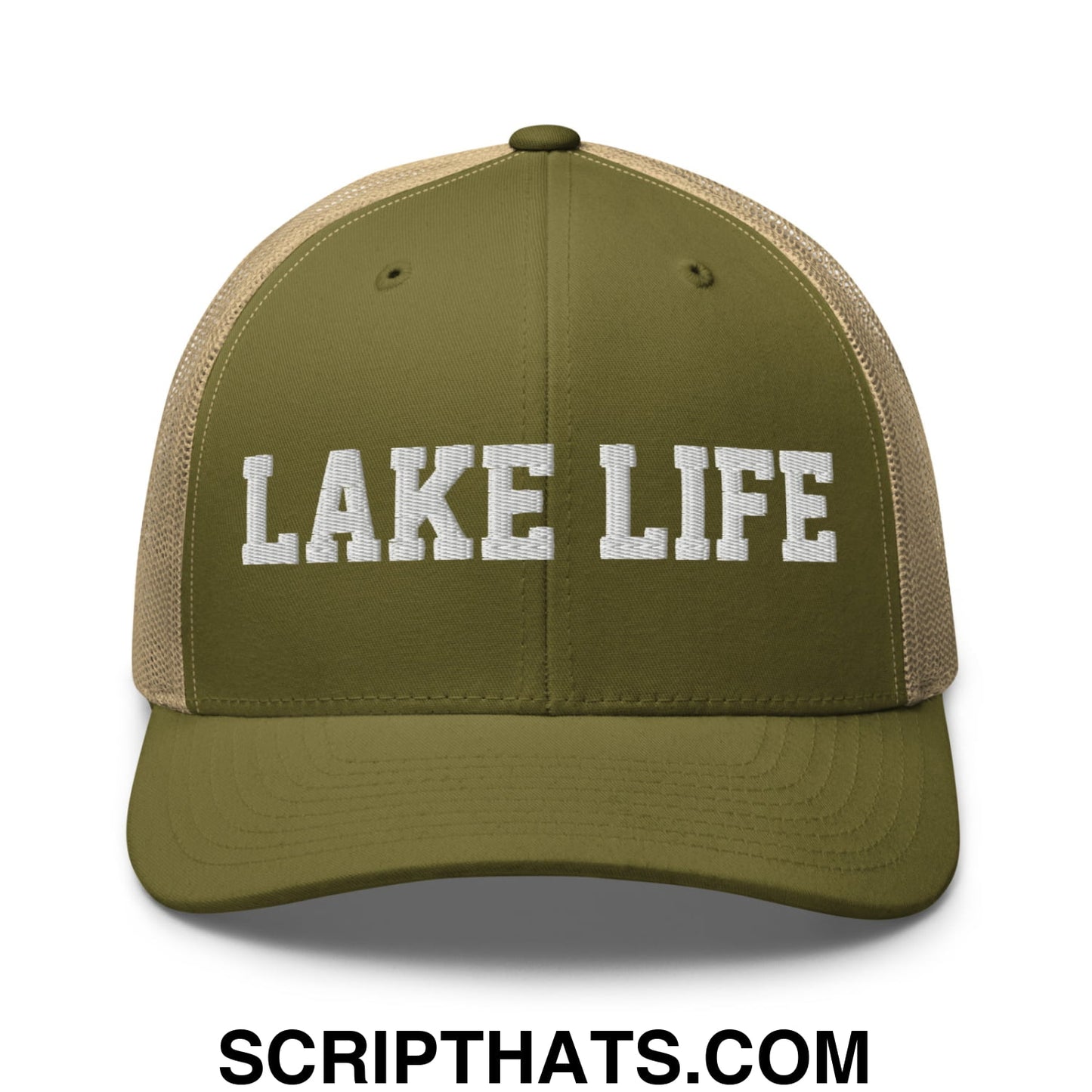 Lake Life Embroidered Mesh Trucker Hat Moss Khaki