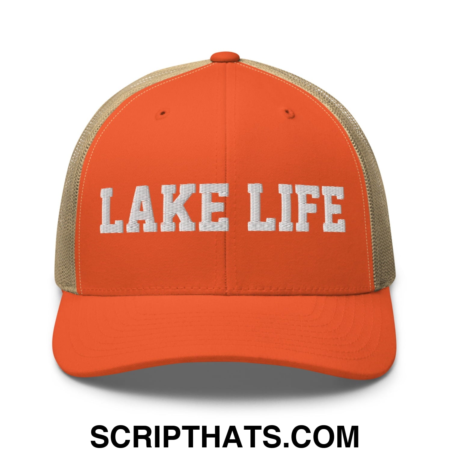 Lake Life Embroidered Mesh Trucker Hat Rustic Orange Khaki