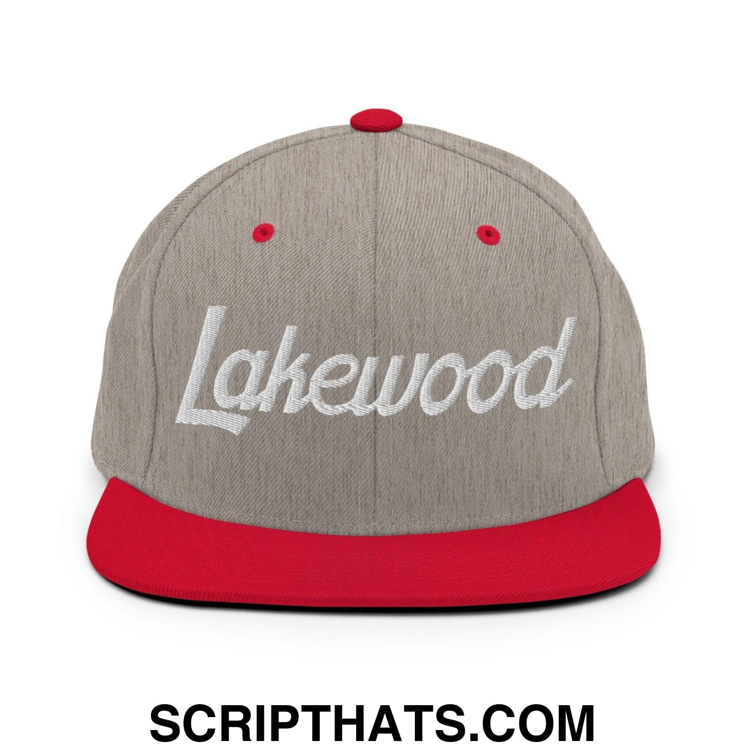 Lakewood Script Snapback Hat Heather Grey Red