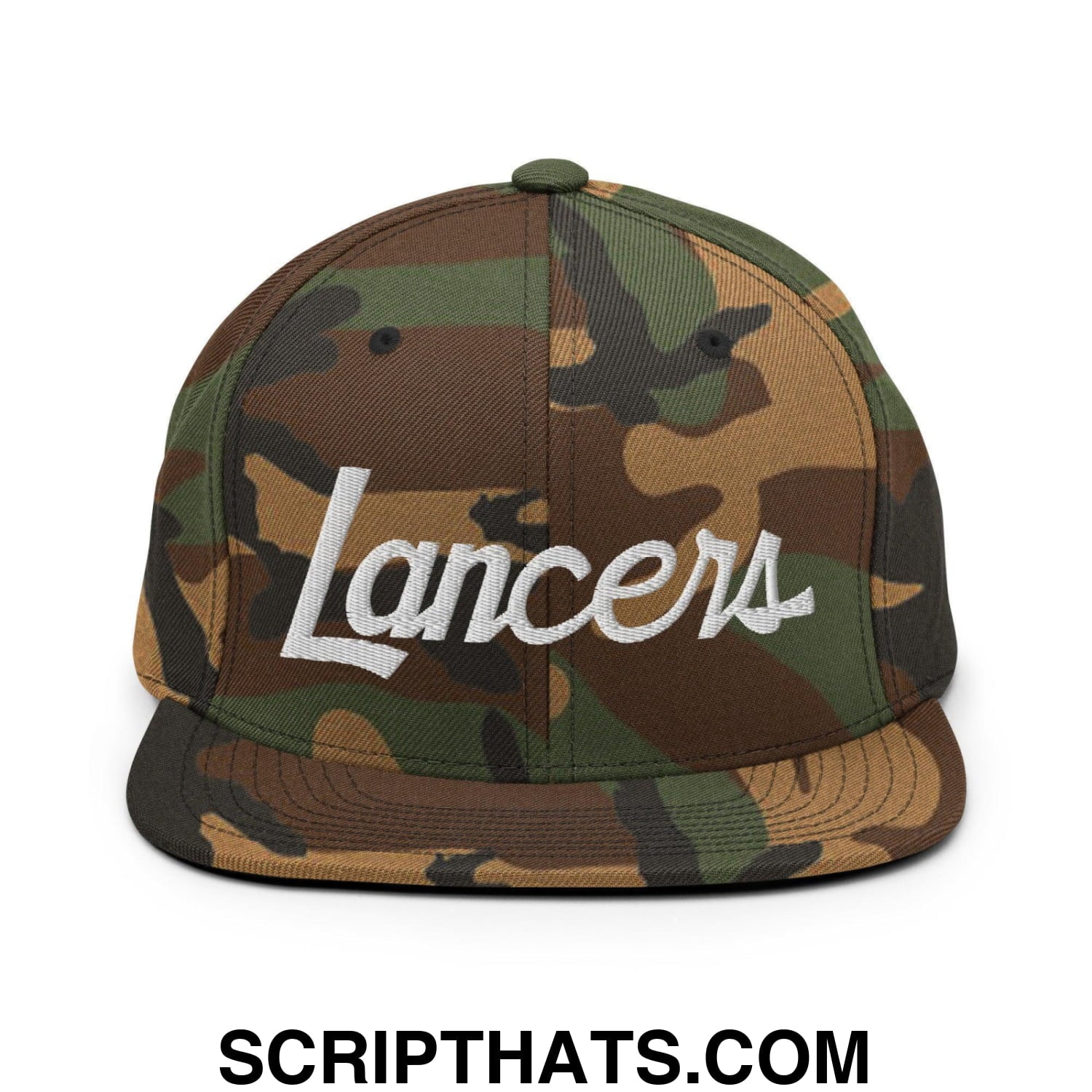 Lancers School Mascot Script Snapback Hat Green Camo