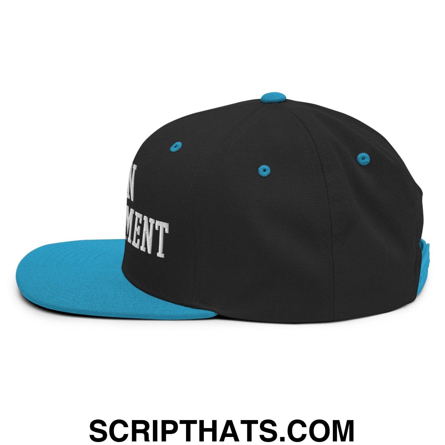 Black and teal snapback cap with white embroidered lettering and flat bill brim for casual lawn enforcement style