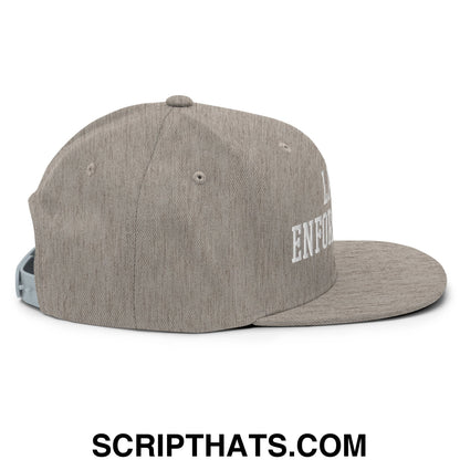 Gray heathered snapback hat with flat bill and white embroidered lawn enforcement lettering on the side