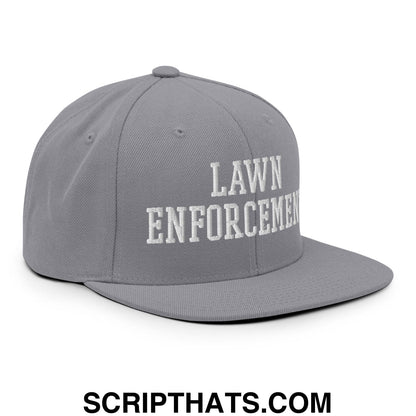 Gray snapback hat with white embroidered lawn enforcement text and flat bill brim made of durable fabric