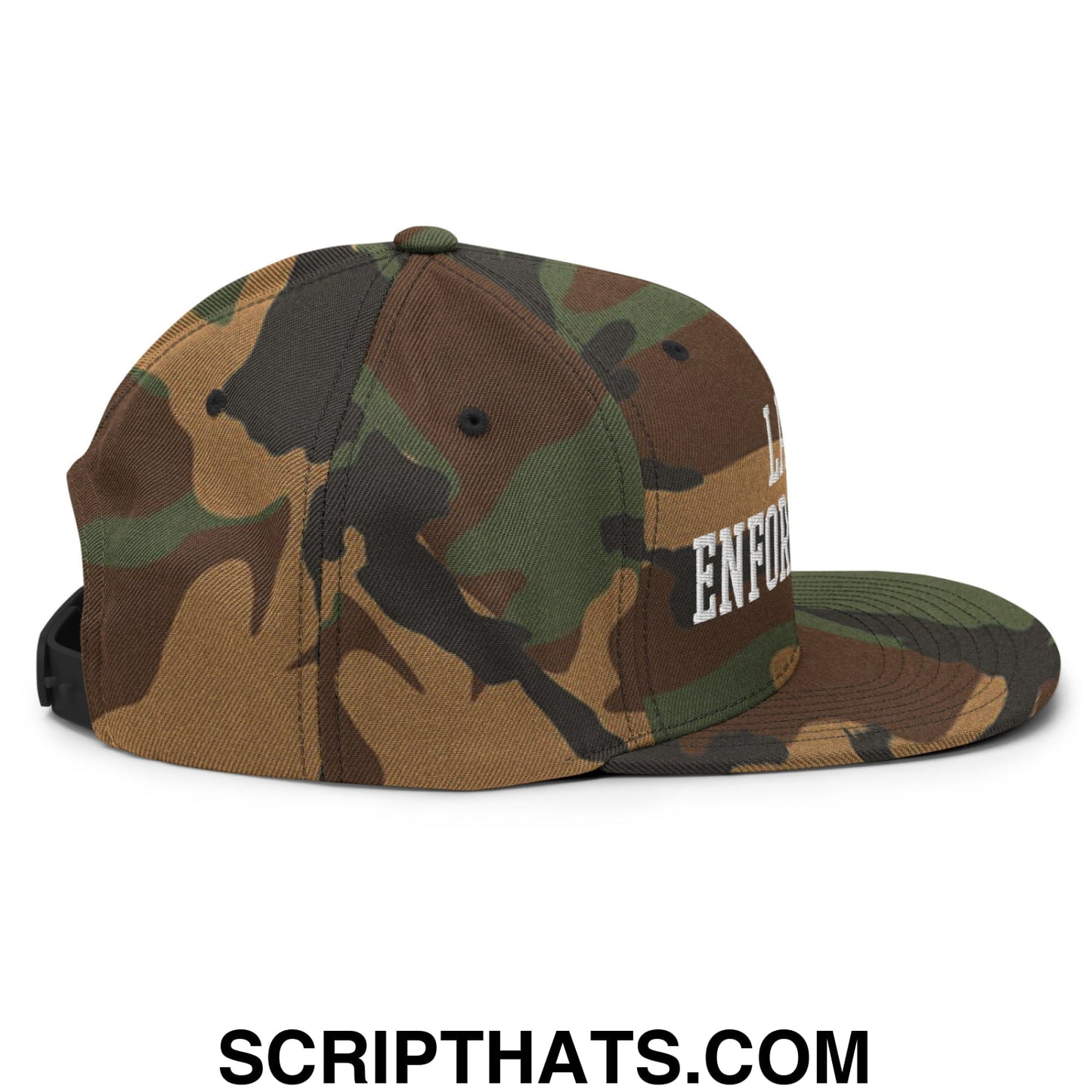 Camouflage pattern lawn enforcement snapback hat with flat brim and white embroidered lettering on the side