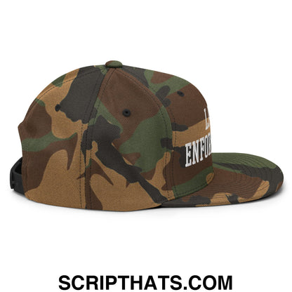 Camouflage pattern lawn enforcement snapback hat with flat brim and white embroidered lettering on the side
