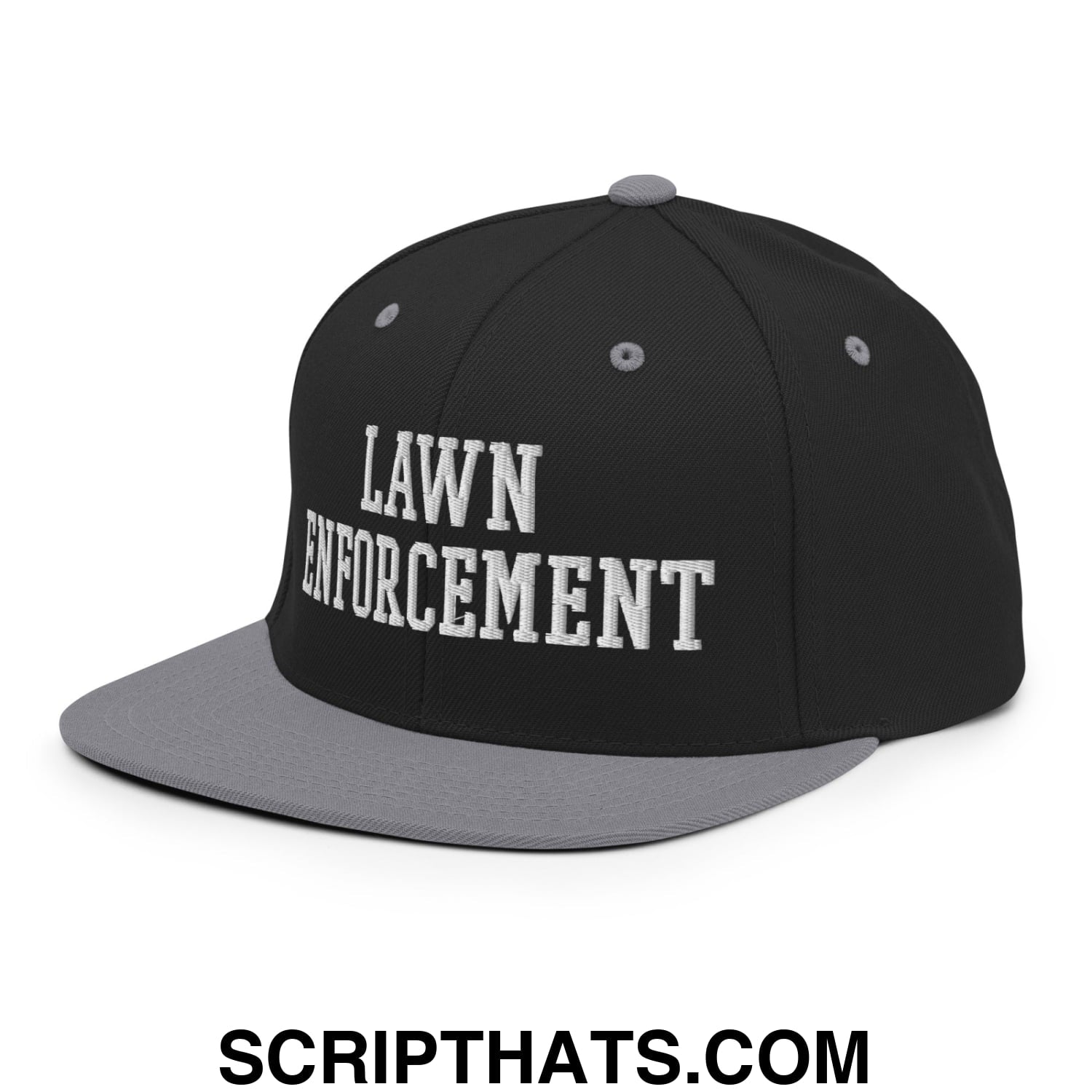 Black and gray snapback cap with lawn enforcement embroidered in white lettering on the front brim