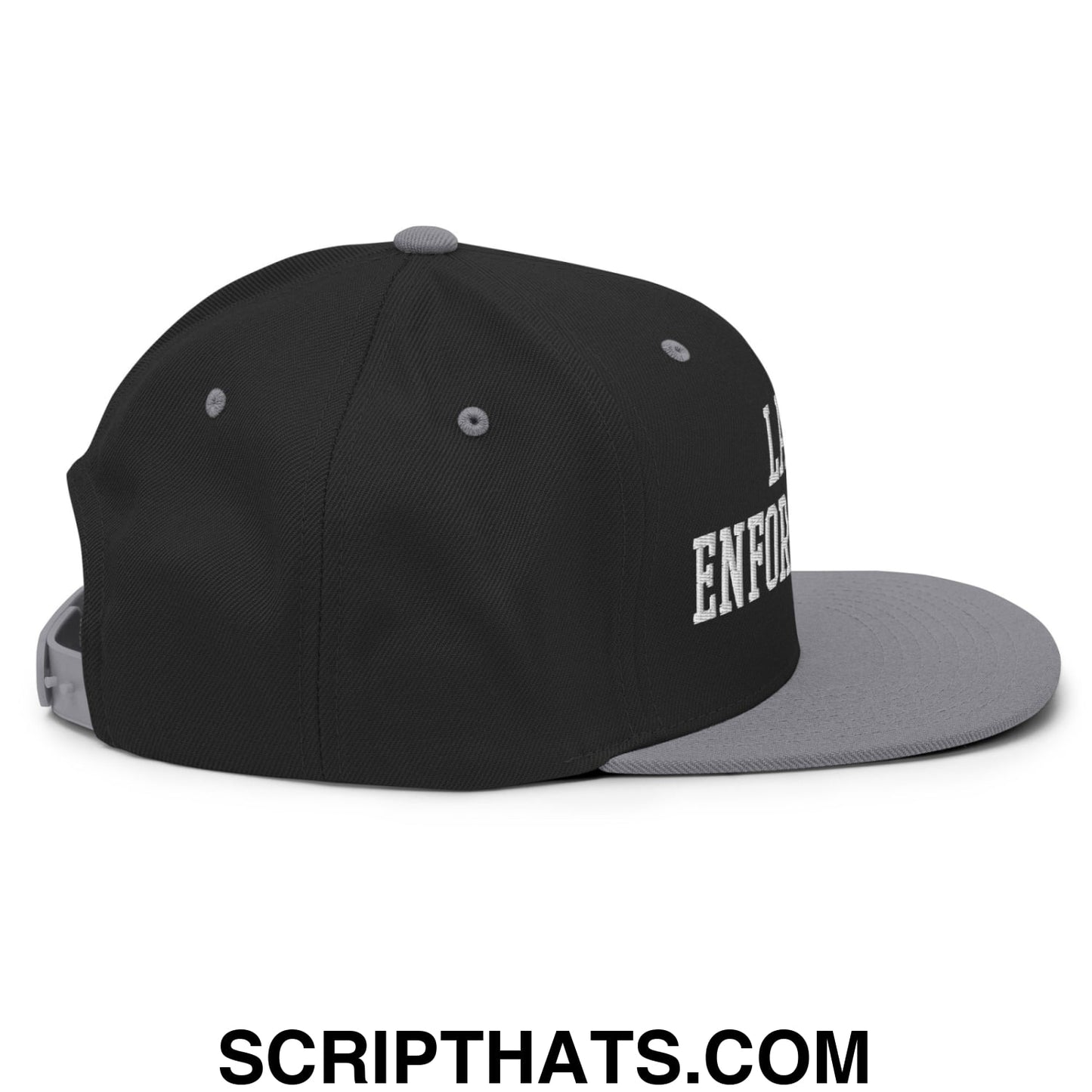 Black and gray snapback cap with white embroidered lawn enforcement lettering on side and flat bill brim