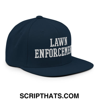 Navy blue flat bill brim snapback hat with white embroidered lawn enforcement text for casual outdoor wear