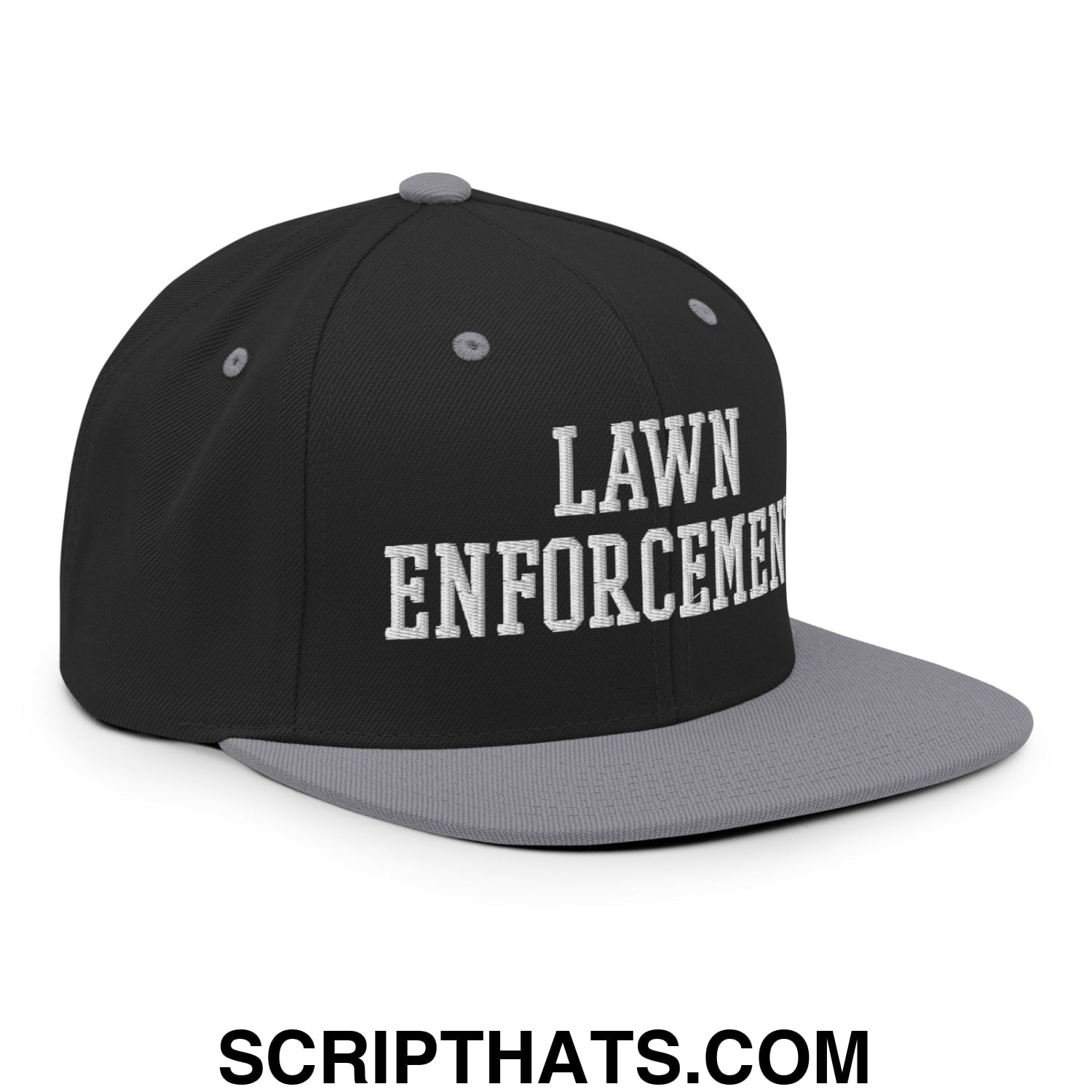 Black and gray snapback hat with lawn enforcement embroidered in white on flat bill brim for outdoor use
