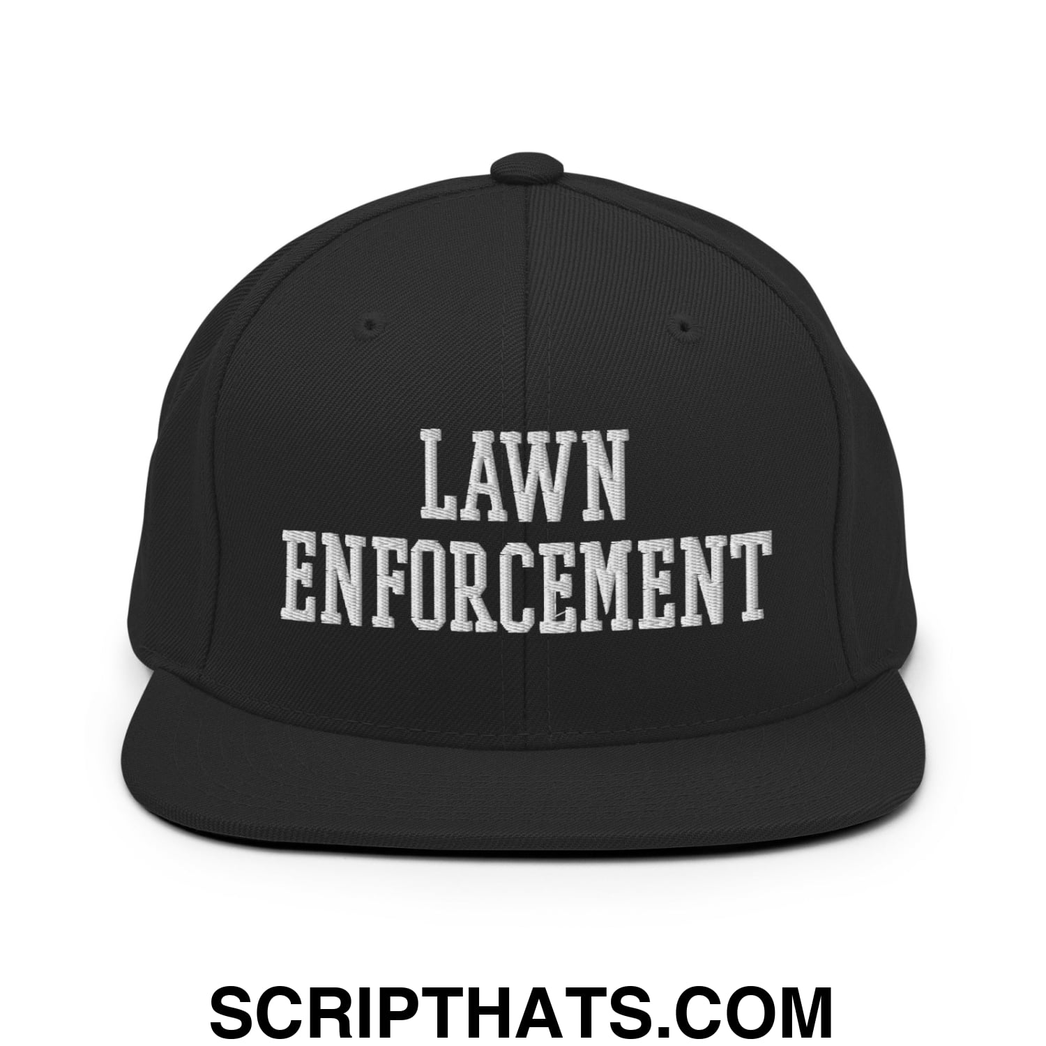 Black snapback cap with white embroidered lawn enforcement text and flat bill brim for casual wear