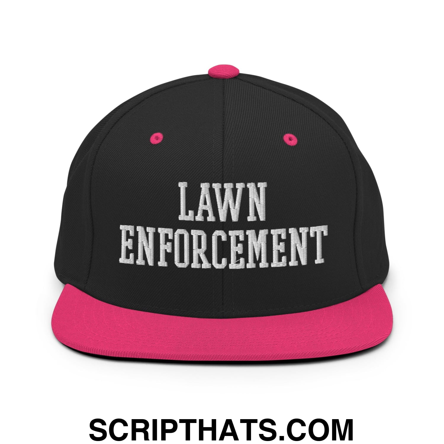 Black snapback hat with pink brim and button featuring lawn enforcement embroidered in white on the front