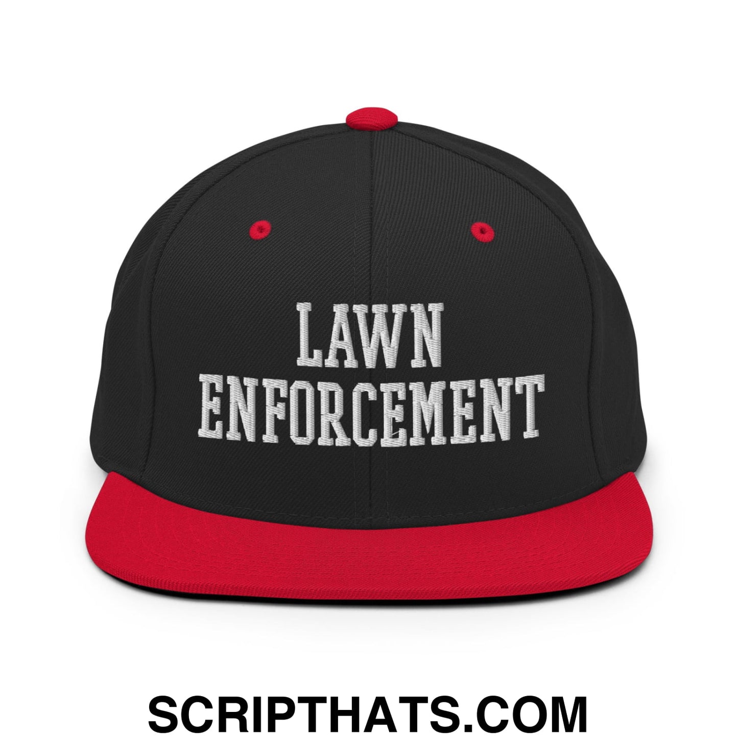 Black and red snapback hat with lawn enforcement embroidered in white on flat bill brim for outdoor use