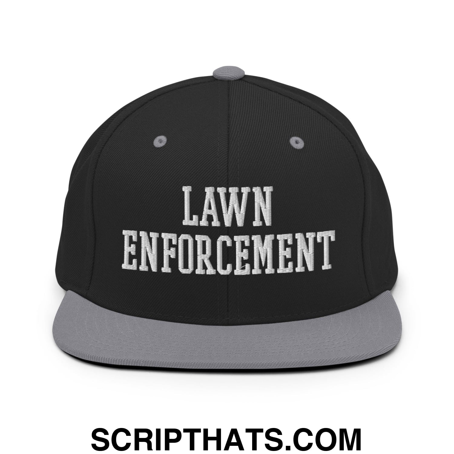 Black snapback cap with gray flat bill and white embroidered lawn enforcement text in bold collegiate font