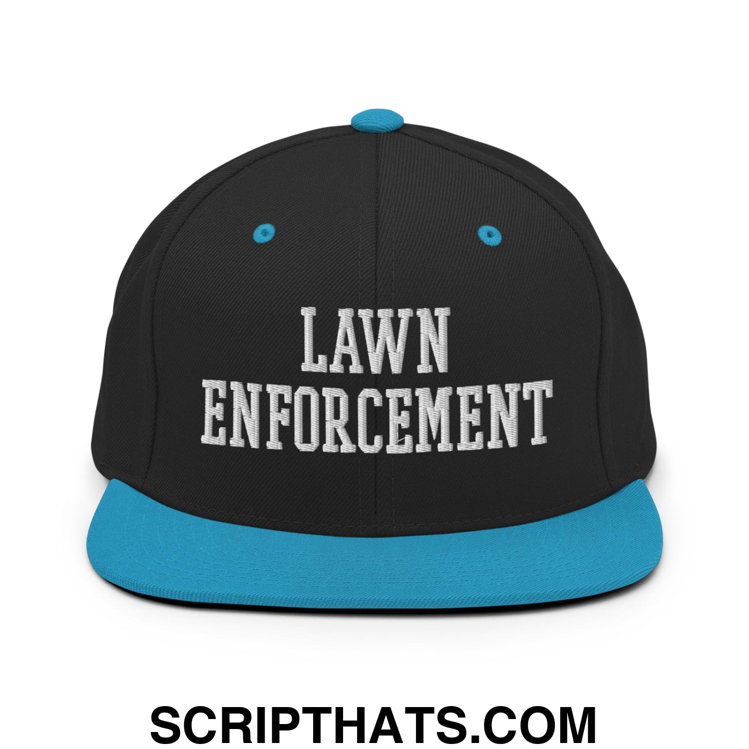 Black snapback hat with teal brim and button featuring white embroidered lawn enforcement text on front