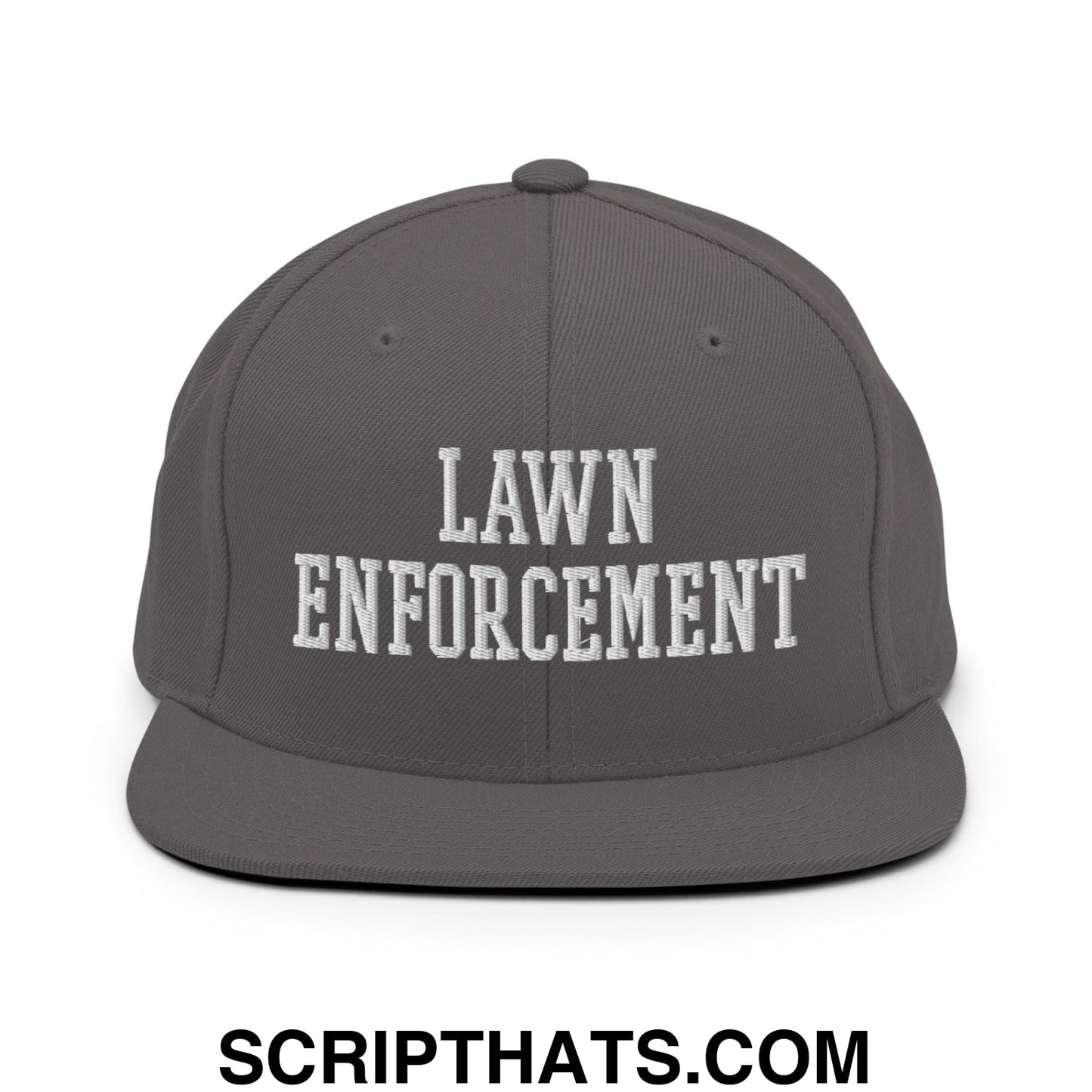 Gray snapback cap with white embroidered lawn enforcement text and flat bill brim for outdoor casual wear