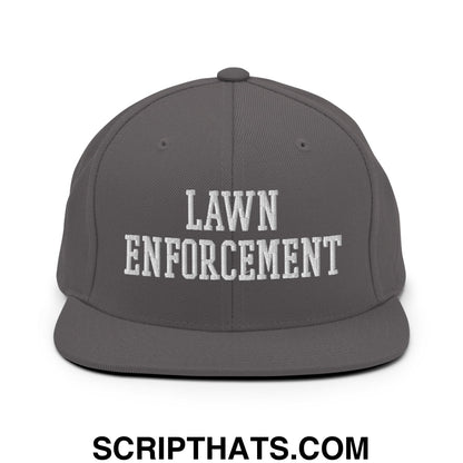 Gray snapback cap with white embroidered lawn enforcement text and flat bill brim for outdoor casual wear