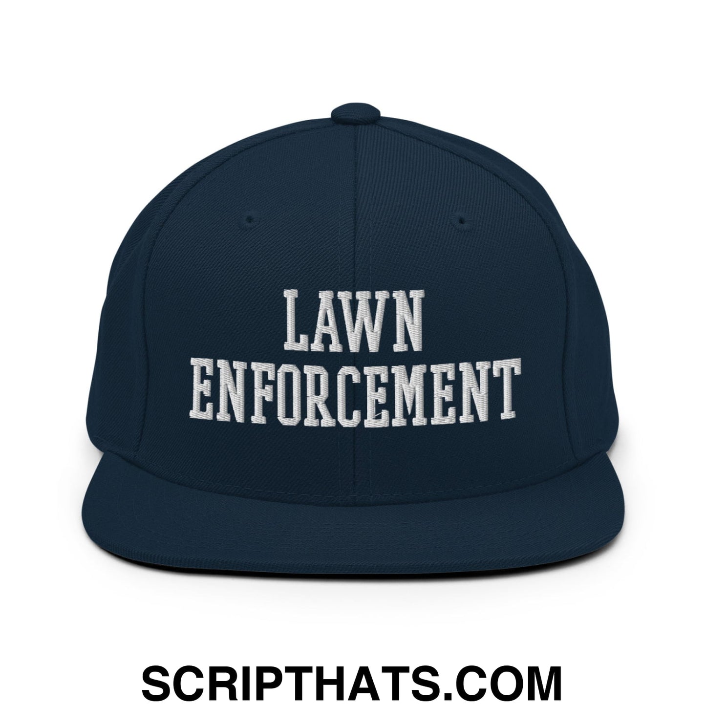 Navy blue snapback hat with white embroidered lawn enforcement text and flat bill brim