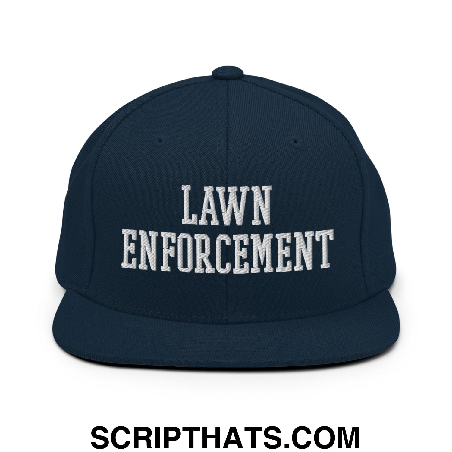 Navy blue snapback hat with white embroidered lawn enforcement text and flat bill brim