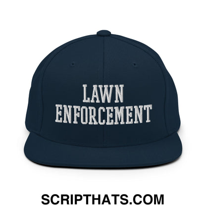 Navy blue snapback hat with white embroidered lawn enforcement text and flat bill brim