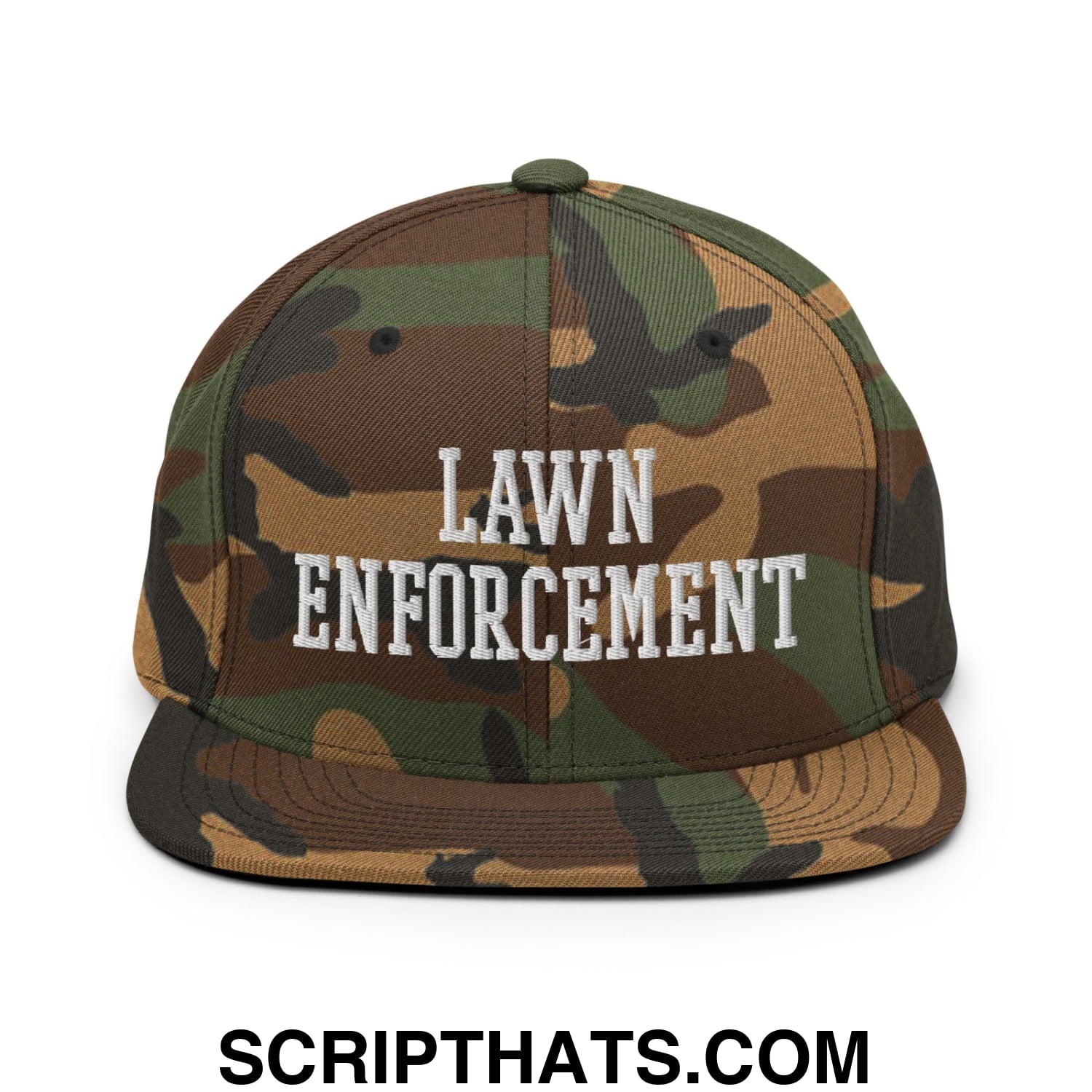 A camouflage-patterned snapback hat with lawn enforcement embroidered in white on a flat bill brim