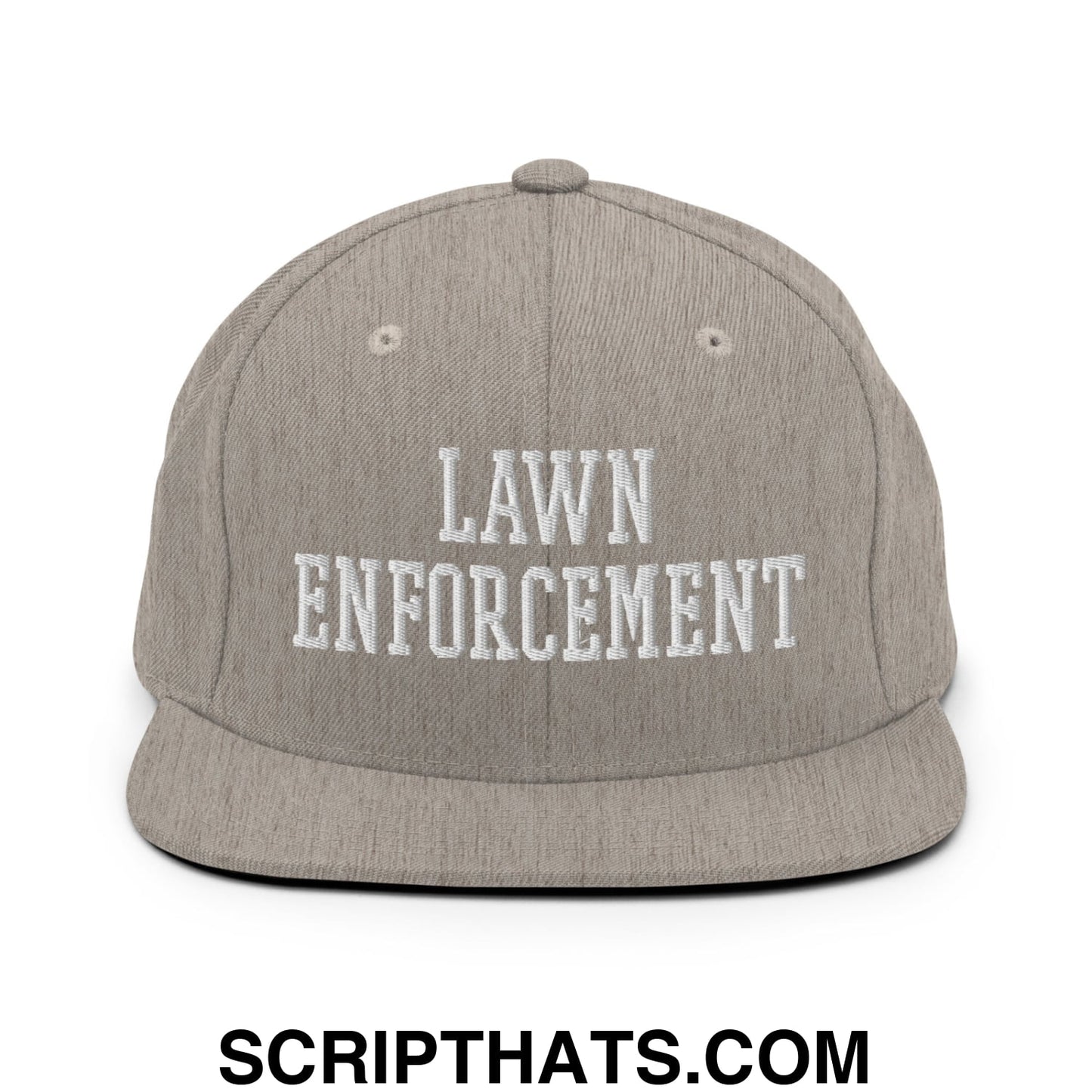 Gray snapback hat with white embroidered lawn enforcement text and flat bill brim for casual outdoor use