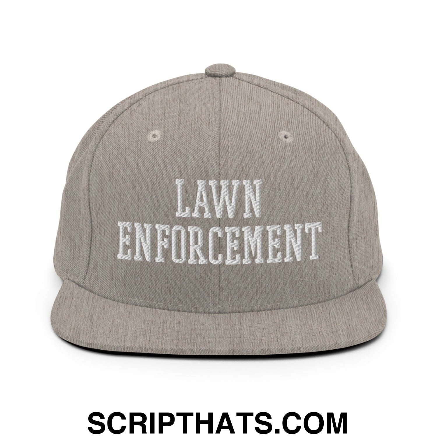 Gray snapback hat with white embroidered lawn enforcement text and flat bill brim for casual outdoor use