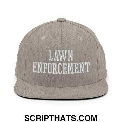 Gray snapback hat with white embroidered lawn enforcement text and flat bill brim for casual outdoor use